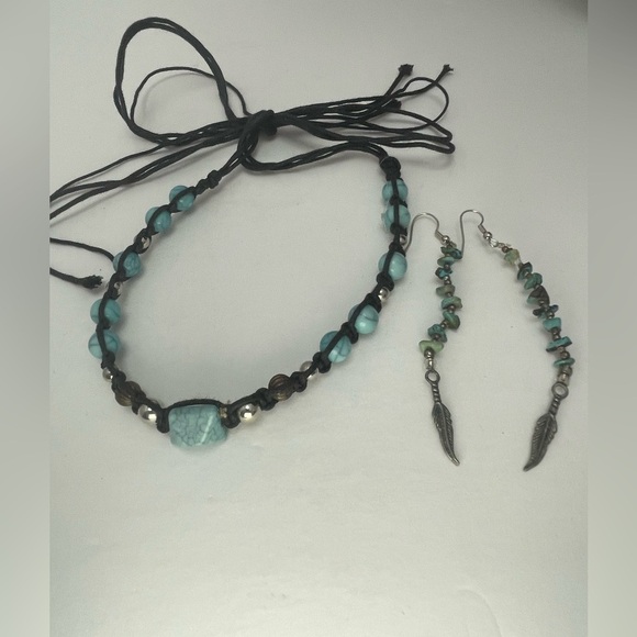 Jewelry - Leather Beaded Necklace and stone and feather earrings. Faux turquoise stones.